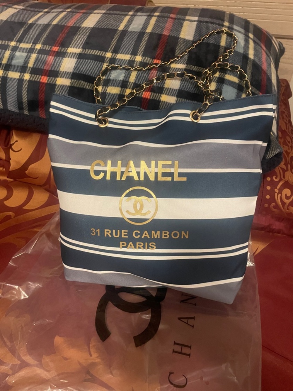 GWP Navy, White and Gray Striped Tote with Gold Logo and Chain Handles
